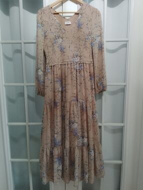 Storia Beige Maxi Smock Dress with Blue Floral Trim